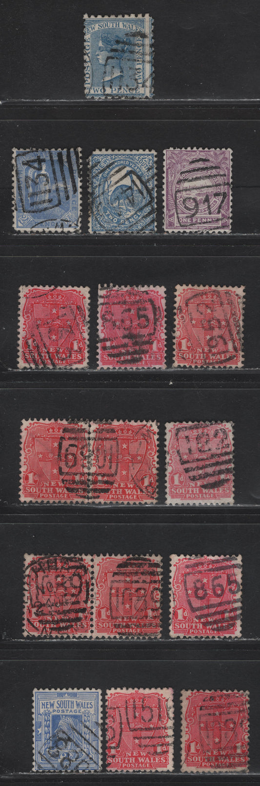 Lot 108 Australia - NSW (C) SG#225, 253dc, 265, 254a, 290b, 314-315, 1882-1903 Issues, 14 Very Good/Fine/Very Fine Used Singles & Pairs, Barrel Numeral Duplex Cancels #1134, 917, 1449, 988, 516, 952, 1089, 182, 133 & 865