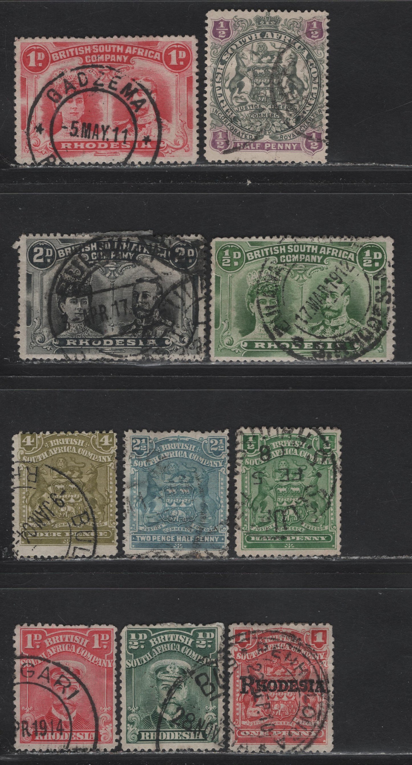 Lot 10A Rhodesia (C) SG#66, 75s, 80, 82, 101, 119, 125, 128, 187, 195 1/2d - 1d Gray & Purple - Rose Red Arms - Admiral, 1897-1919 Arms - Admiral Issues, 10 Very Good/Fine/Very Fine Used Singles, Shallow Hinge Thins on 1/2d Double Heads & 1/2d Admiral