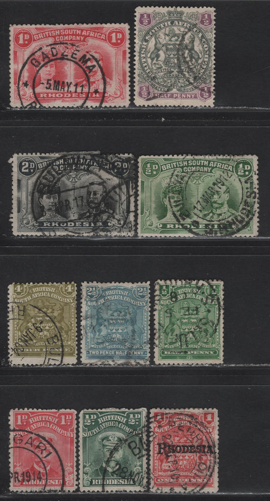 Lot 10A Rhodesia (C) SG#66, 75s, 80, 82, 101, 119, 125, 128, 187, 195 1/2d - 1d Gray & Purple - Rose Red Arms - Admiral, 1897-1919 Arms - Admiral Issues, 10 Very Good/Fine/Very Fine Used Singles, Shallow Hinge Thins on 1/2d Double Heads & 1/2d Admiral