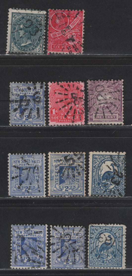 Lot 110 Australia - New South Wales (C) SG#253-254,d, 272, 292a, 294a-b, 334 1d Lilac - Rose Carmine , 1892-1910 Centenary - Arms Issues, 11 Fine/Very Fine Used Singles, Sunburst Numeral Cancels #46, 18, 74, 70, 94, 59, 93, 431, 23, 123 & 120