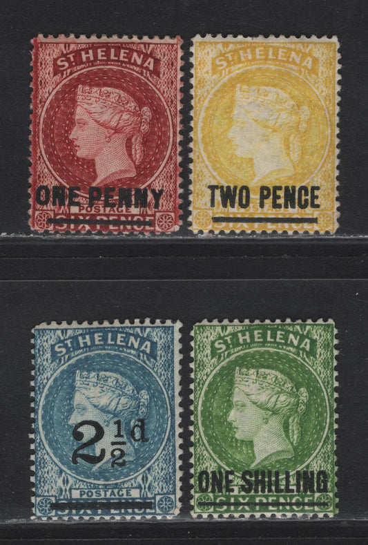 Lot 11 St Helena (C) SG#37, 39-40, 45 1d - 1/- Red - Yellow Green Queen Victoria, 1884-1894 Surcharged Courbould Heads Issue, 4 Fine/Very Fine Used Singles, Crown CA Wmks