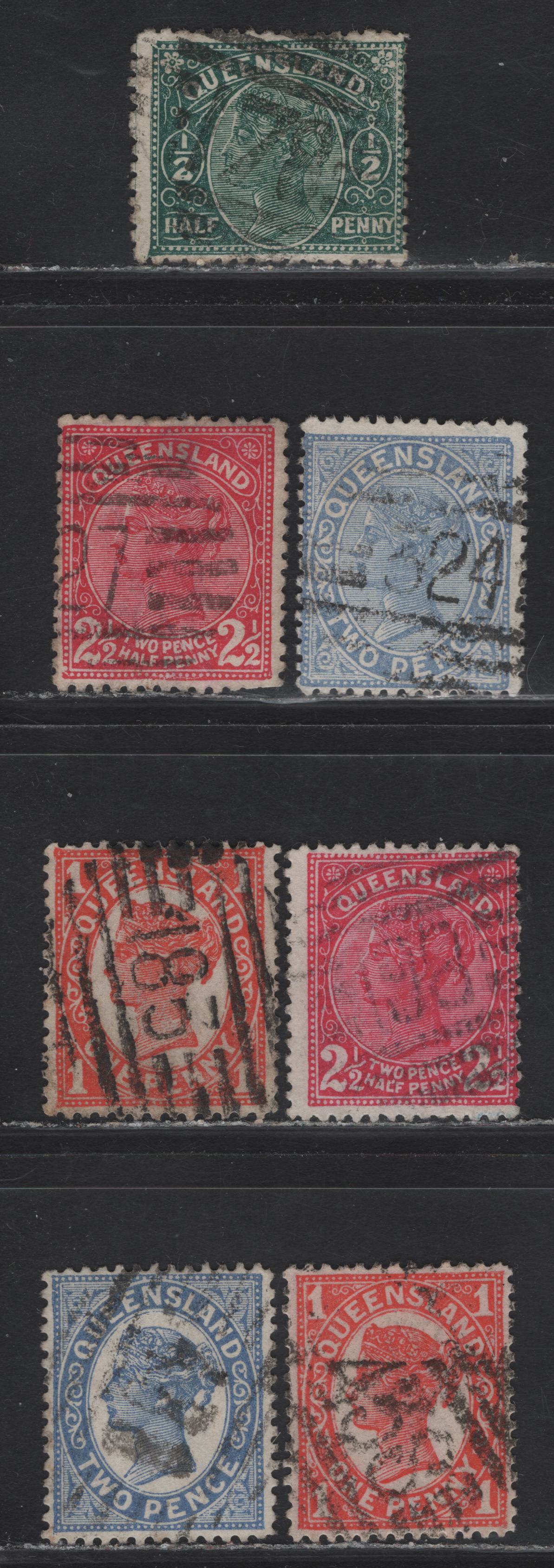 Lot 112 Australia - Queensland (C) SG# 1/2d - 2.5d Green - Rose Red Queen Victoria, 1890-1908 Queen Victoria Sideface Issue, 7 Very Good/Fine/Very Fine Used Singles, Crown Over Q Wmk, Numeral Cancels 183, 438.27, 178, 488, 324 & 198