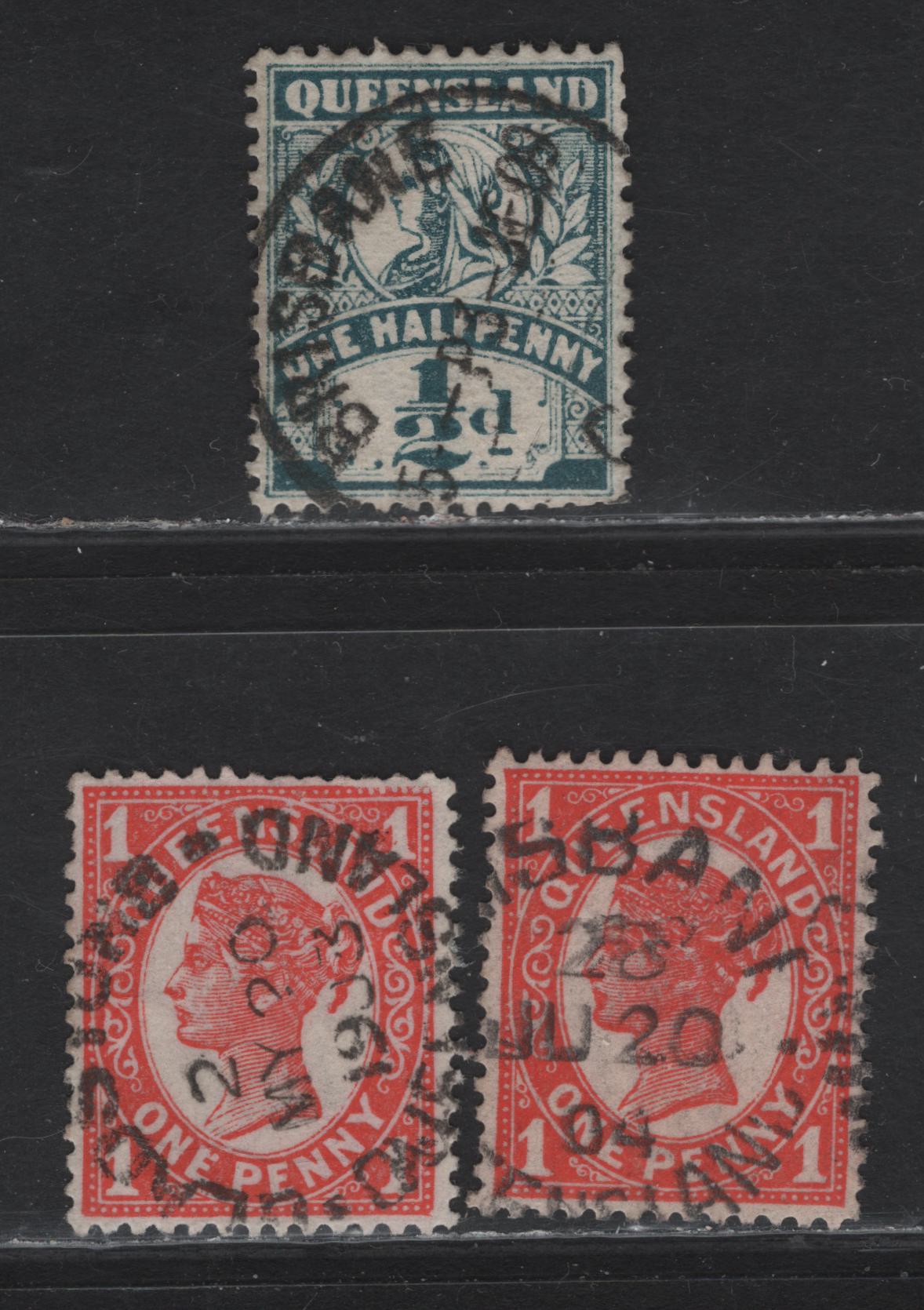 Lot 113 Australia - Queensland (C) SG#233, 286 1d - 1/2d Vermillion - DeepGreen Queen Victoria, 1897-1911 Queen Victoria Issues, 3 Very Fine Used Singles, Crown Over A (1/2d) & Sideways Crown Over Q Wmks, SON Brisbane & Gladstone Cancels