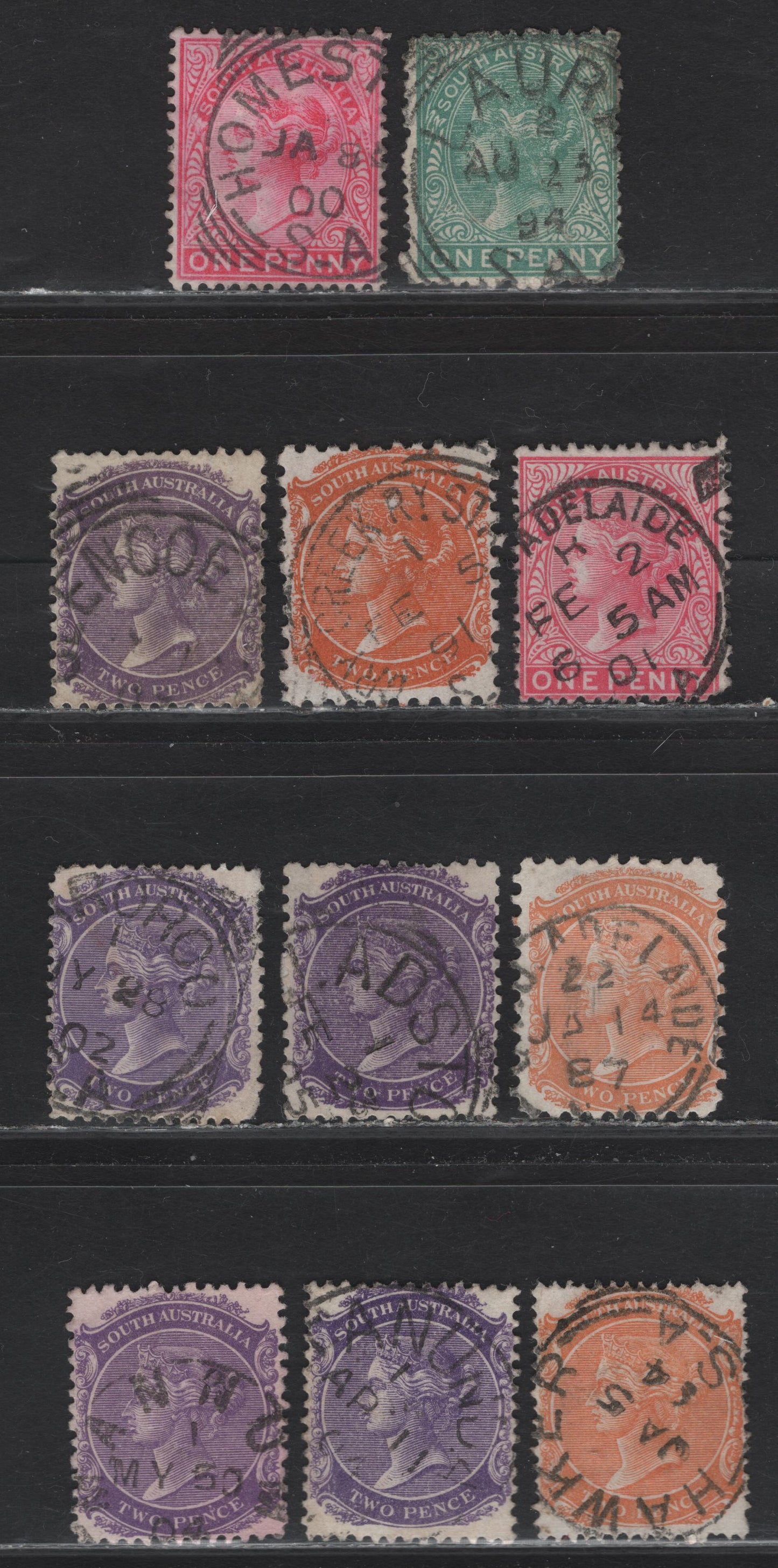 Lot 114 Australia - South Australia (C) SG#173, 176, 174a, 168, 180, 178 1d - 2d Green - Purple Queen Victoria, 1876-1904 Queen Victoria Sideface Issues, 11 Very Good-Very Fine Used Singles, CDS Town Cancels, Crown Over SA Wmk