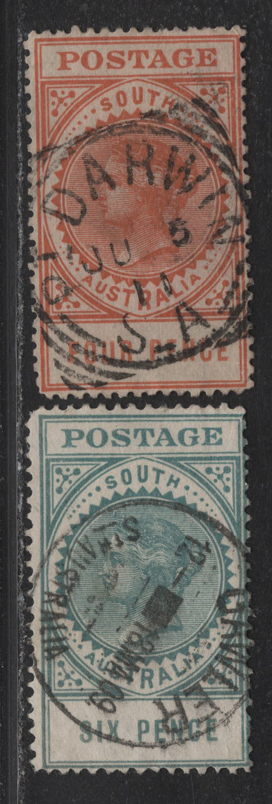 Lot 116 Australia - South Australia SG#299b, 300 4d - 6d Orange - Blue Green Queen Victoria, 1908-1912 Large Sideface Issue, 2 Very Good/Fine Used Singles, Perf 12.5, Attractive Gawler & Darwin CDS/Squared Circle Cancels, Crown Over A Wmk.