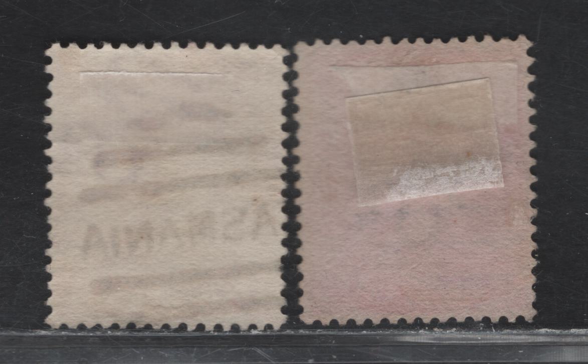 Lot 120 Australia - Tasmania (C) SG#156-a 1d Carmine - Rose Carmine Queen Victoria, 1878 De La Rue Sideface Issue, 2 Very Fine Used Singles, Tasmania Bootheel Duplex Cancels