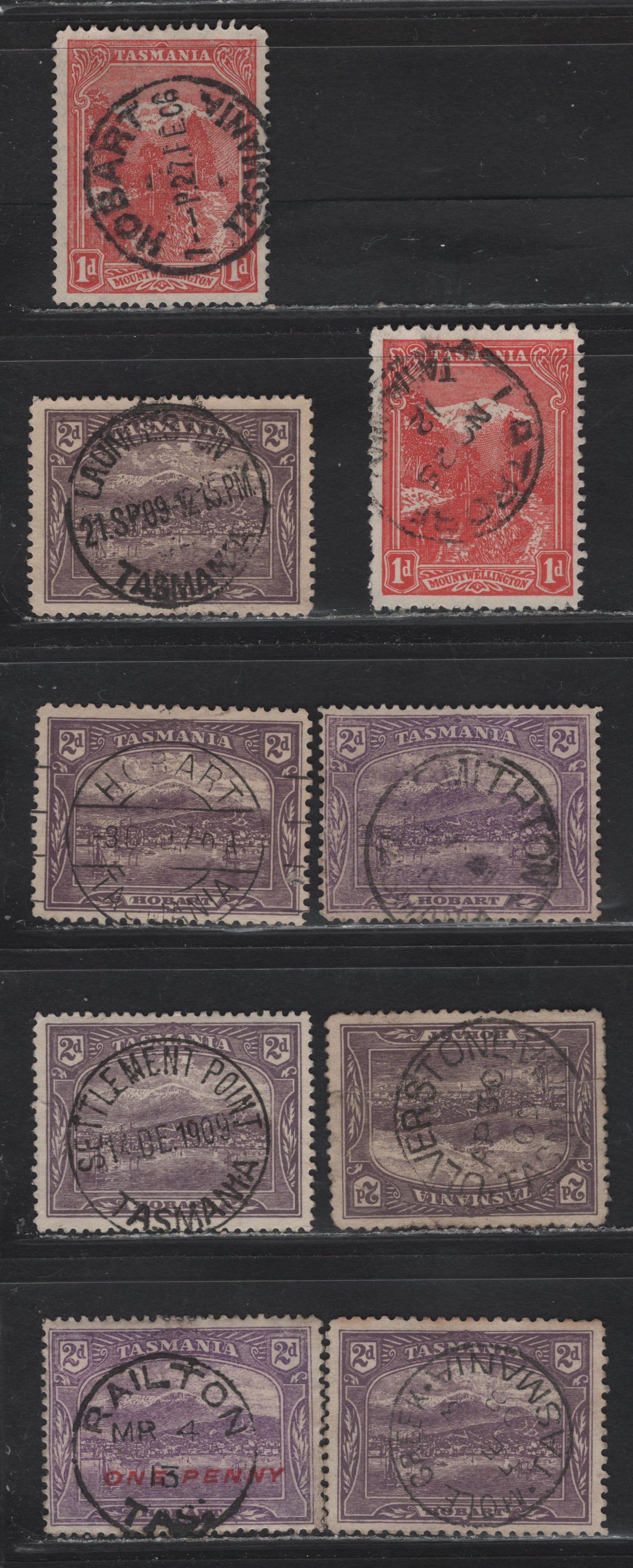 Lot 123 Australia - Tasmania (C) SG#250-a, 251, 251b, 260 1d - 2d Carmine - Violet Pictorials, 1905-1911 Typographed Pictorial Issue, 9 Very Good/Fine/Very Fine Used Singles, CDS Town Cancels