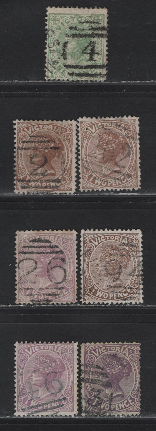 Lot 128 Australia - Victoria (C) SG#209a, 210-a, 211,c 2d - 1d , 1882-1884 Queen Victoria Issues, 7 Very Good/Fine Used Singles, Selection of Barred Numeral Cancels Including #26, 46, 2, 4, 94 & 262, V Over Pointed Crown/Smooth Crown Wmks