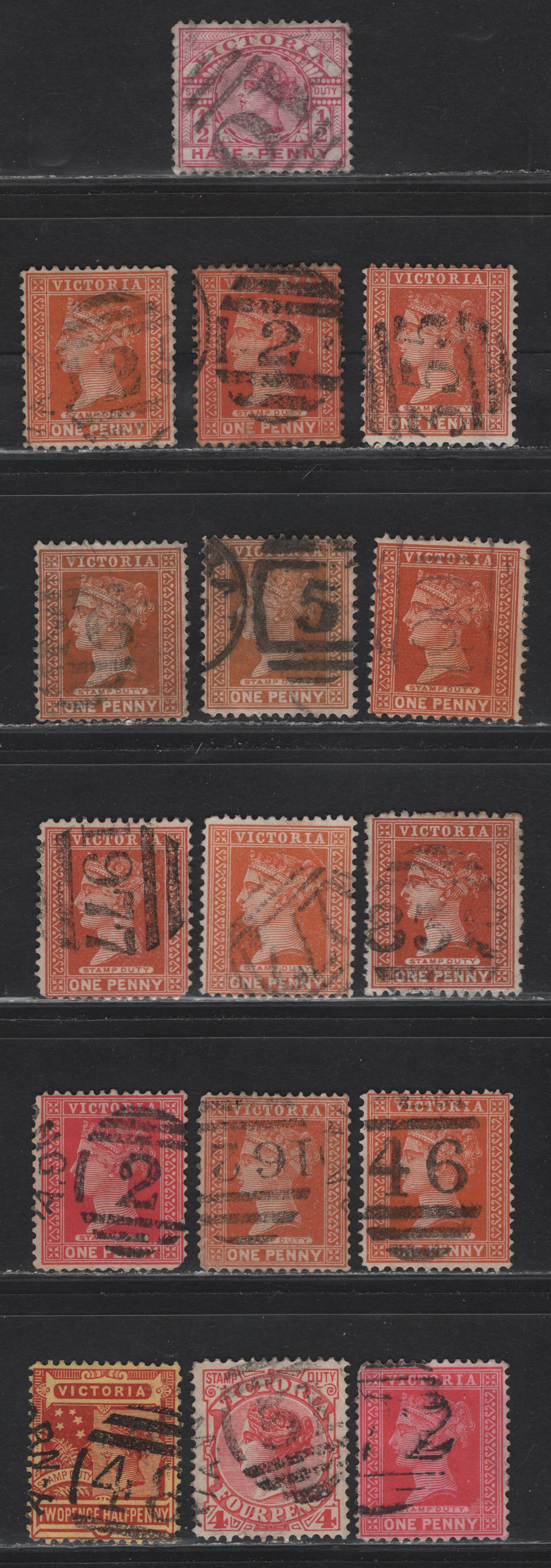 Lot 131 Australia - Victoria (C) SG#311a, 313,b,f, 315b, 332,a, 337a, 363, 1886-1901 Stamp Duty Issues, 16 Very Good/Fine/Very Fine Used Singles, Barred Numeral Cancels Including #10, 2, 72, 51, 25, 46, 355, 48, 162, 272, 838, 977, 199, 26 & 5