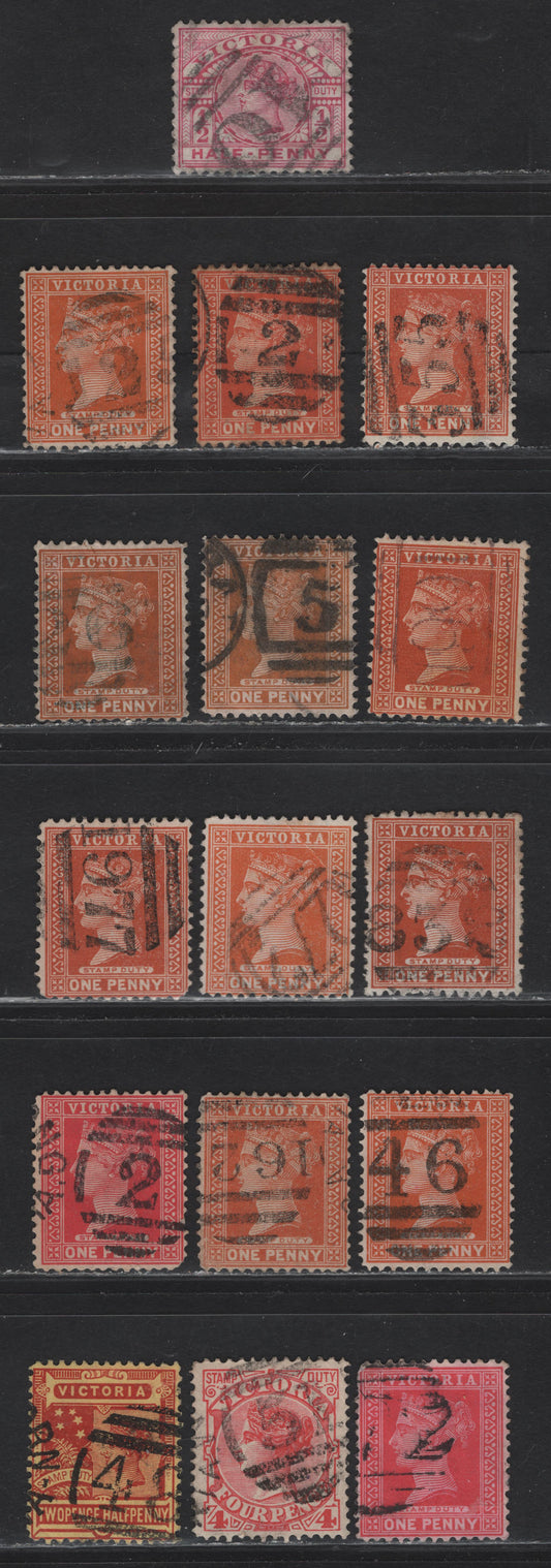 Lot 131 Australia - Victoria (C) SG#311a, 313,b,f, 315b, 332,a, 337a, 363, 1886-1901 Stamp Duty Issues, 16 Very Good/Fine/Very Fine Used Singles, Barred Numeral Cancels Including #10, 2, 72, 51, 25, 46, 355, 48, 162, 272, 838, 977, 199, 26 & 5