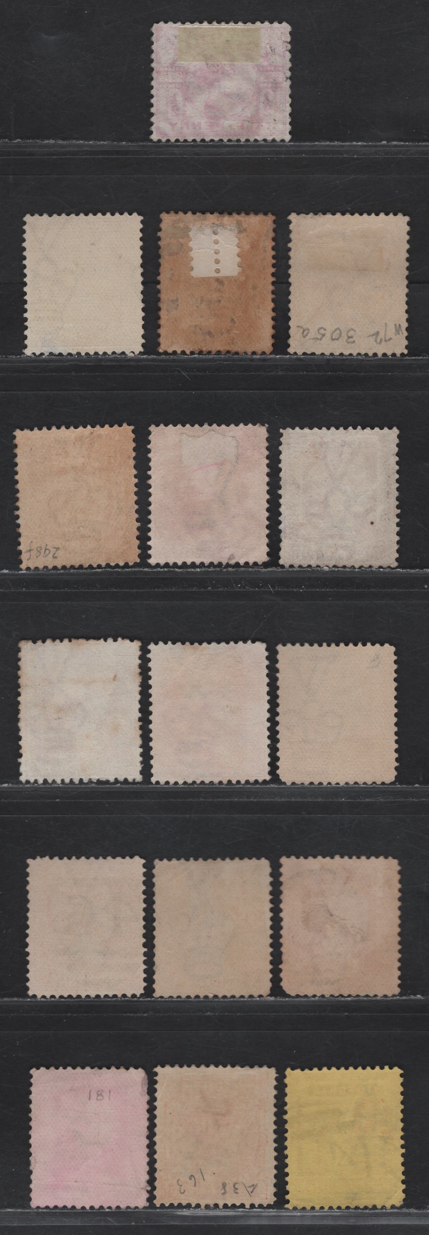 Lot 131 Australia - Victoria (C) SG#311a, 313,b,f, 315b, 332,a, 337a, 363, 1886-1901 Stamp Duty Issues, 16 Very Good/Fine/Very Fine Used Singles, Barred Numeral Cancels Including #10, 2, 72, 51, 25, 46, 355, 48, 162, 272, 838, 977, 199, 26 & 5