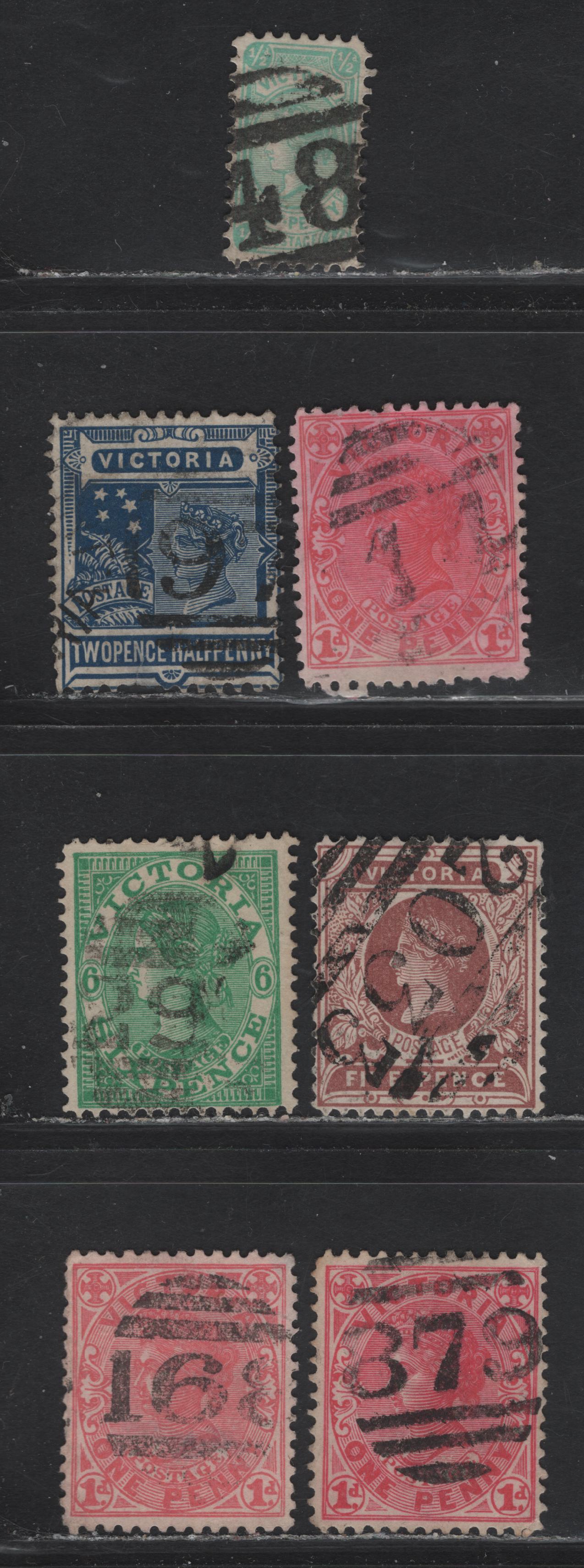 Lot 132 Australia - Victoria (C) SG#384c, 385c, 388a, 391-392, 417a, 1901-1912 Postage Issues, 7 Fair/Fine/Very Fine Used Singles, Barred Numeral Cancels Including #48, 14, 19, 29, 168, 879 & 2033