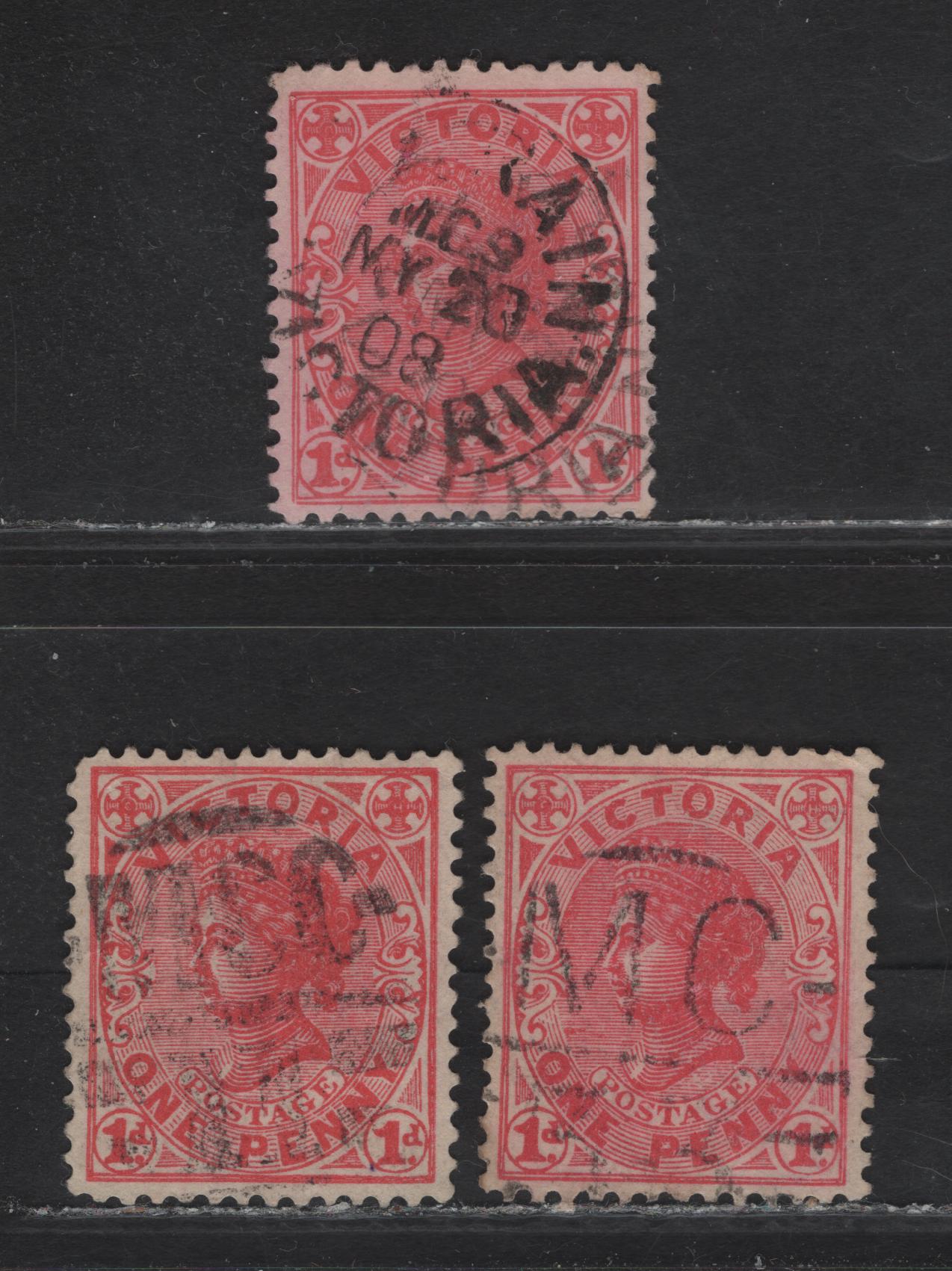 Lot 134 Australia - Victoria (C) SG#385c, 417a 1d Pale Rose Queen Victoria, 1901-1913 Postage Issues, 3 Very Fine Used Singles, MCC, MC Barred & Railway Cancels, Die III, V Over Crown & A Wmks.