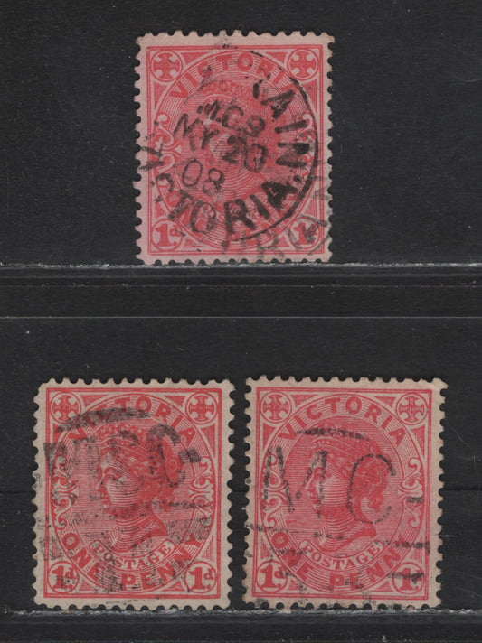 Lot 134 Australia - Victoria (C) SG#385c, 417a 1d Pale Rose Queen Victoria, 1901-1913 Postage Issues, 3 Very Fine Used Singles, MCC, MC Barred & Railway Cancels, Die III, V Over Crown & A Wmks.