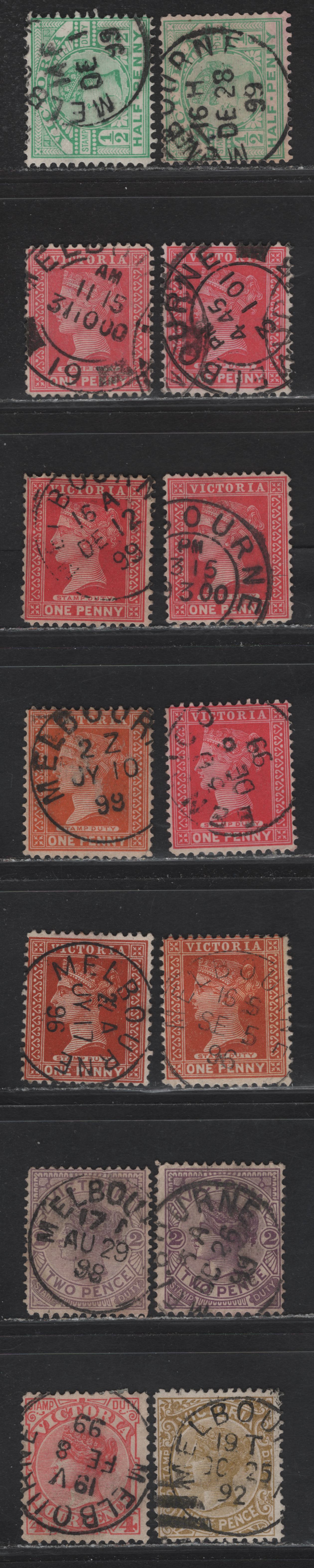 Lot 136 Australia - Victoria (C) SG#299a, 314b, 332,a, 337, 356, 357,a, 359, 1886-1901 Stamp Duty Issues, 14 Fine/Very Fine Used Singles, SON Melbourne Bendigo CDS Cancels