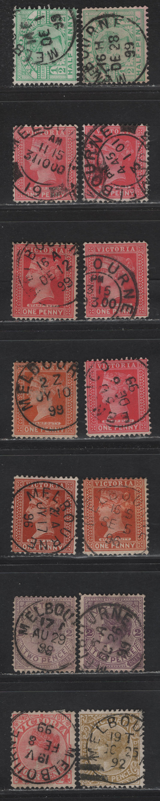 Lot 136 Australia - Victoria (C) SG#299a, 314b, 332,a, 337, 356, 357,a, 359, 1886-1901 Stamp Duty Issues, 14 Fine/Very Fine Used Singles, SON Melbourne Bendigo CDS Cancels