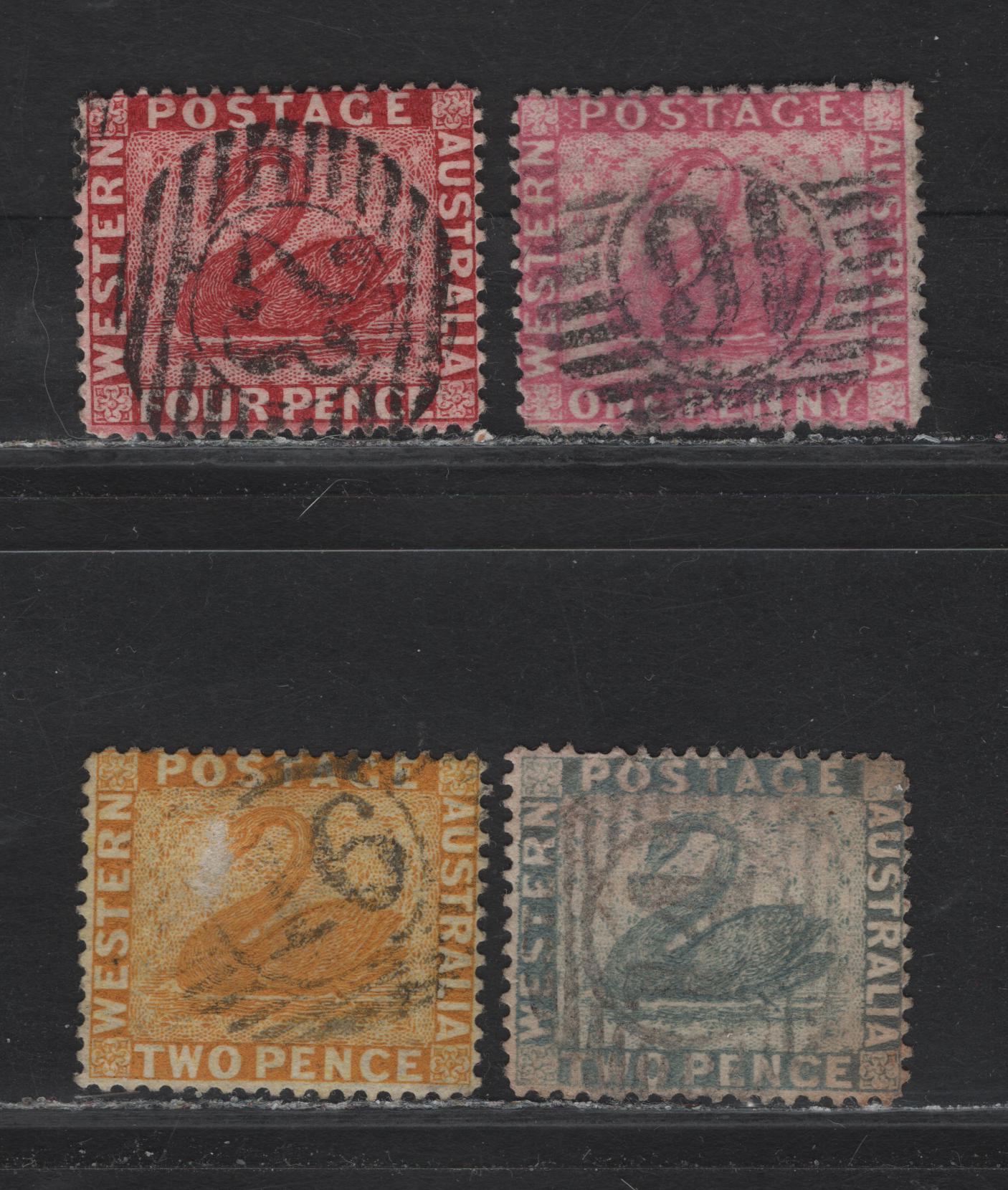 Lot 140 Western Australia SG#77-78, 103-104 2d - 2d Chrome Yellow - Gray Swans, 1882-1888 Swans Issue, 4 Very Fine Used Singles, Barred Numeral Cancels #16, 14 & 23, Line Engraved, Perf 14, Crown CC & CA Wmks