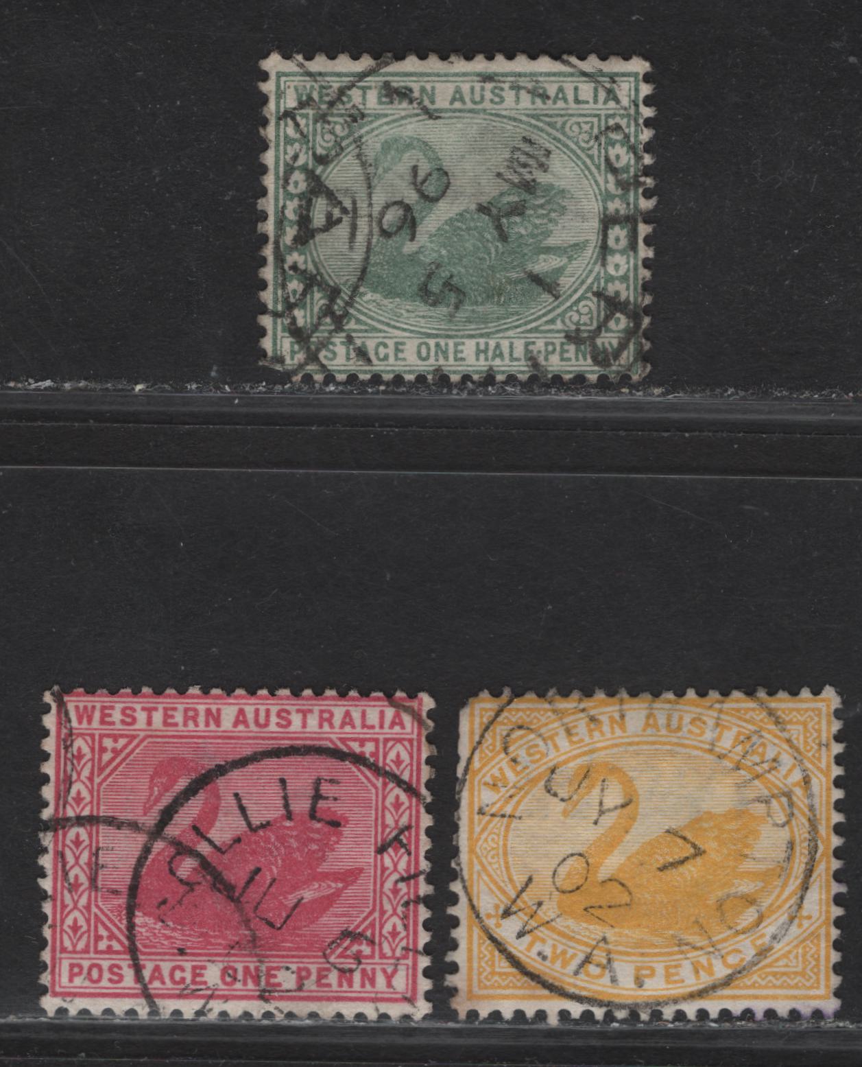 Lot 145 Western Australia (C) SG#94, 112-113 1/2d - 2d Green - Yellow Swans, 1885-1907 Swans Issues, 3 Fine Used Singles, SON Perth, Northamton & Collie Field CDS Cancels, WA & Crown CA Wmks