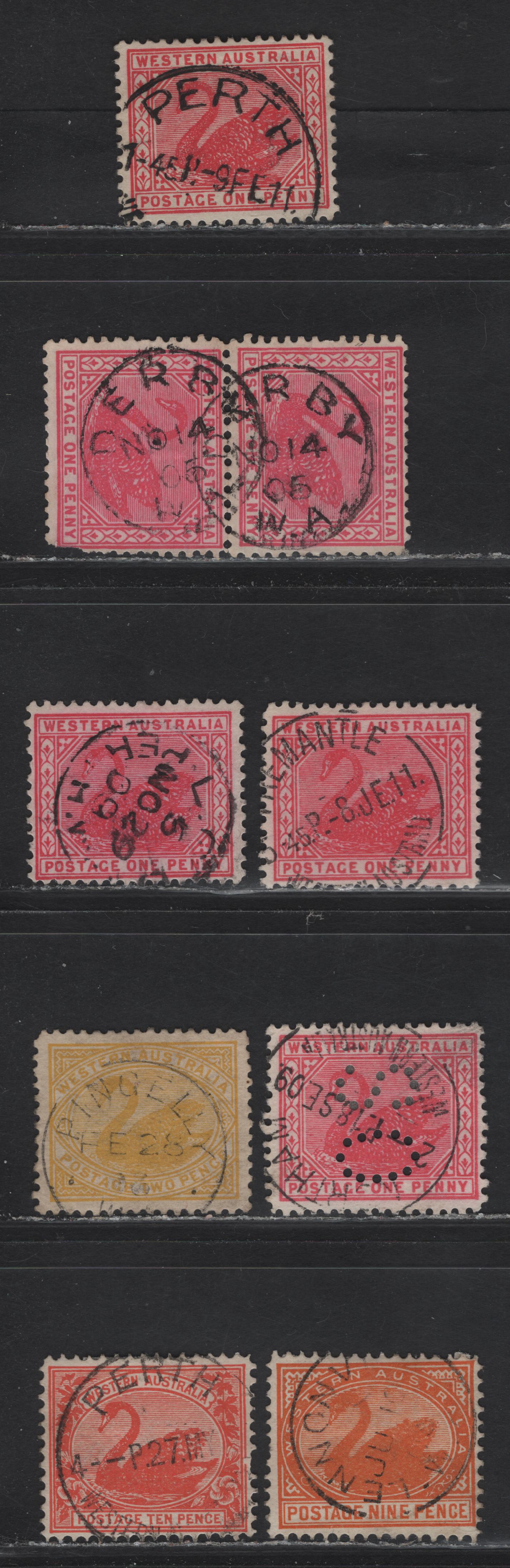 Lot 146 Western Australia (C) SG#122-123, 139-140 1d - 10d Red - Carmine Red Swans, 1902-1912 Swans Issues, 8 Fine/Very Fine Used Singles & Pair, CDS Town Cancels