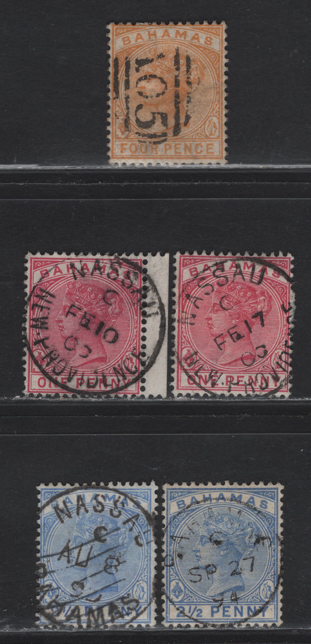 Lot 147 Bahamas (C) SG# 1d - 4d Carmine Rose - Deep Yellow Queen Victoria, 1884-1890 Queen Victoria Keyplate Issue, 5 Fine/Very Fine Used Singles, Son Numeral & CDS Bahamas & Nassad New Province Cancels
