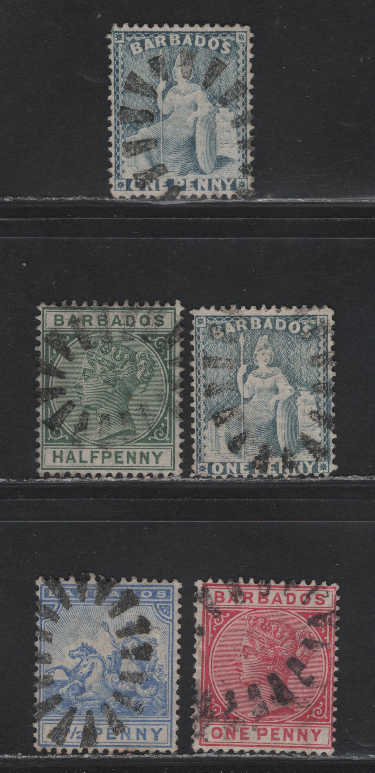 Lot 149 Barbados (C) SG#74, 89, 91, 109 1/2d - 1d Blue - Red Britannia - Queen Victoria, 1875-1886 Britannia - Queen Victoria Issues, 5 Fine/Very Fine Used Singles, Sunburst Cancels, Crown CC & Crown CA Wmk