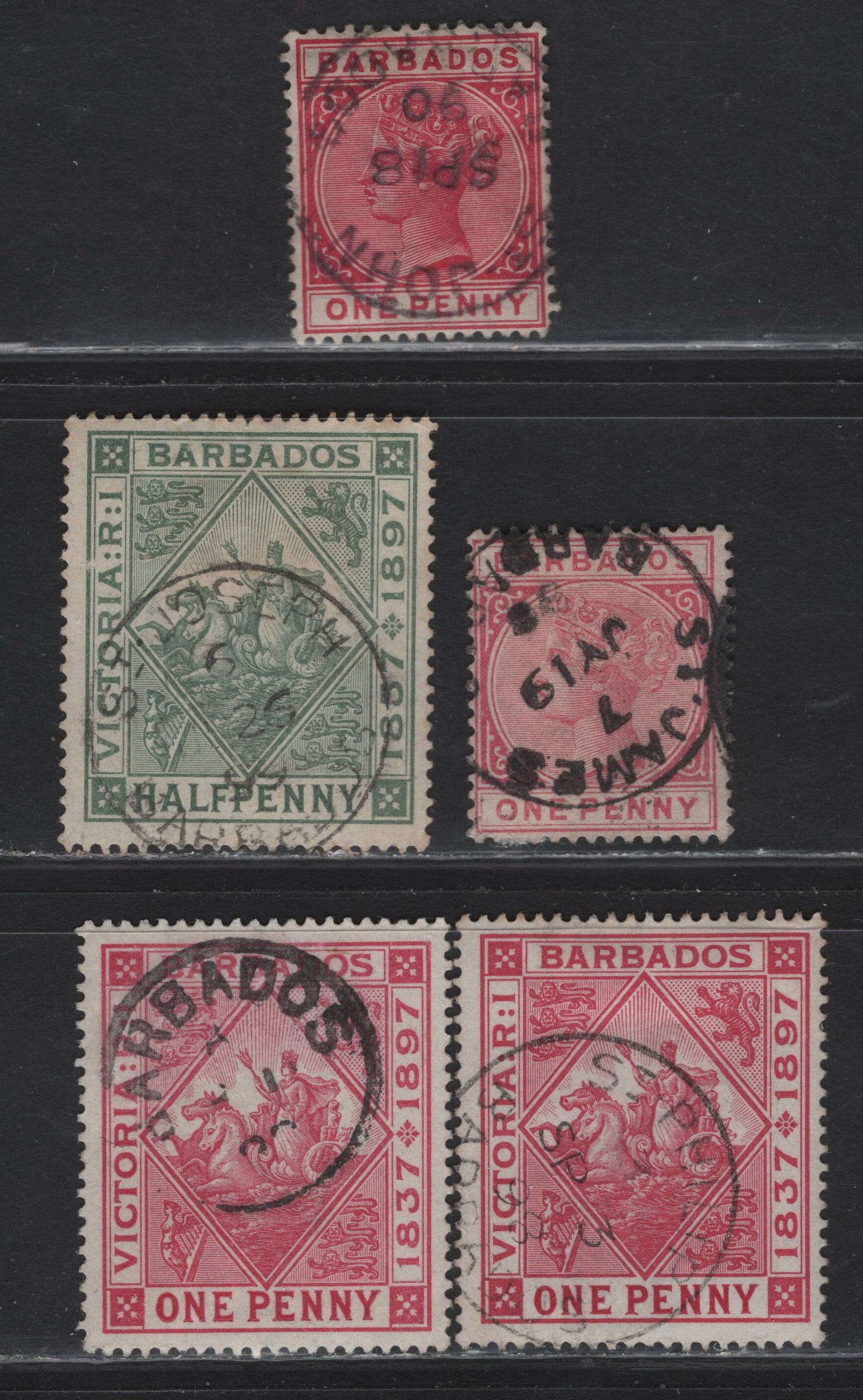 Lot 150 Barbados (C) SG#91-92, 117-118 , 1882-1887 Queen Victoria Keyplate & Diamond Jubilee Issues, 5 Fine/Very Fine Used Singles, CDS Town Cancels
