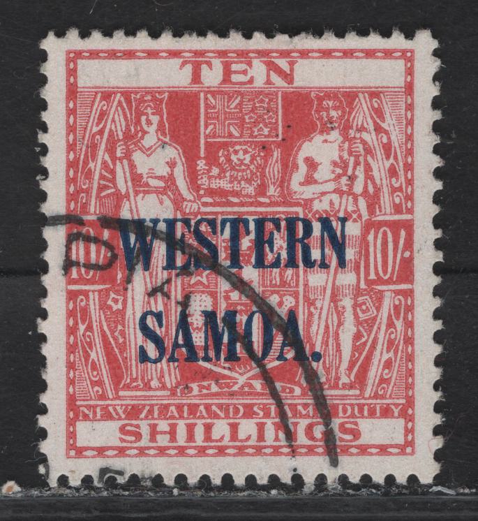 Lot 15 Samoa (C) SG#194b 10/- Pale Carmine Lake Arms, 1941-1942 Arms Postal Fiscal issue, A Very Fine Used Single, Single Star & NZ Wmk