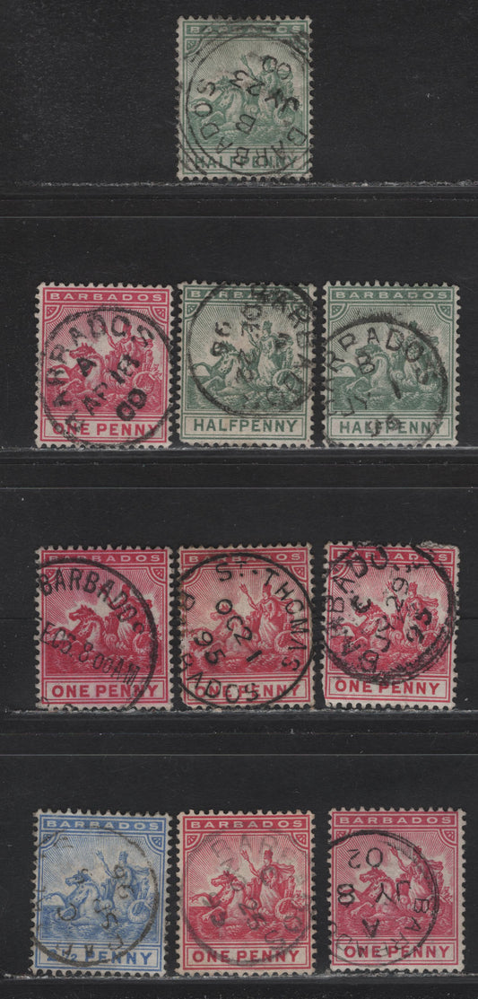 Lot 151 Barbados (C) SG#106-107, 109 , 1892-1903 Badge of the Colony Issue, 10 Fine/Very Fine Used Singles, Barbados & St Thomas CSD & Squared Circle Cancels