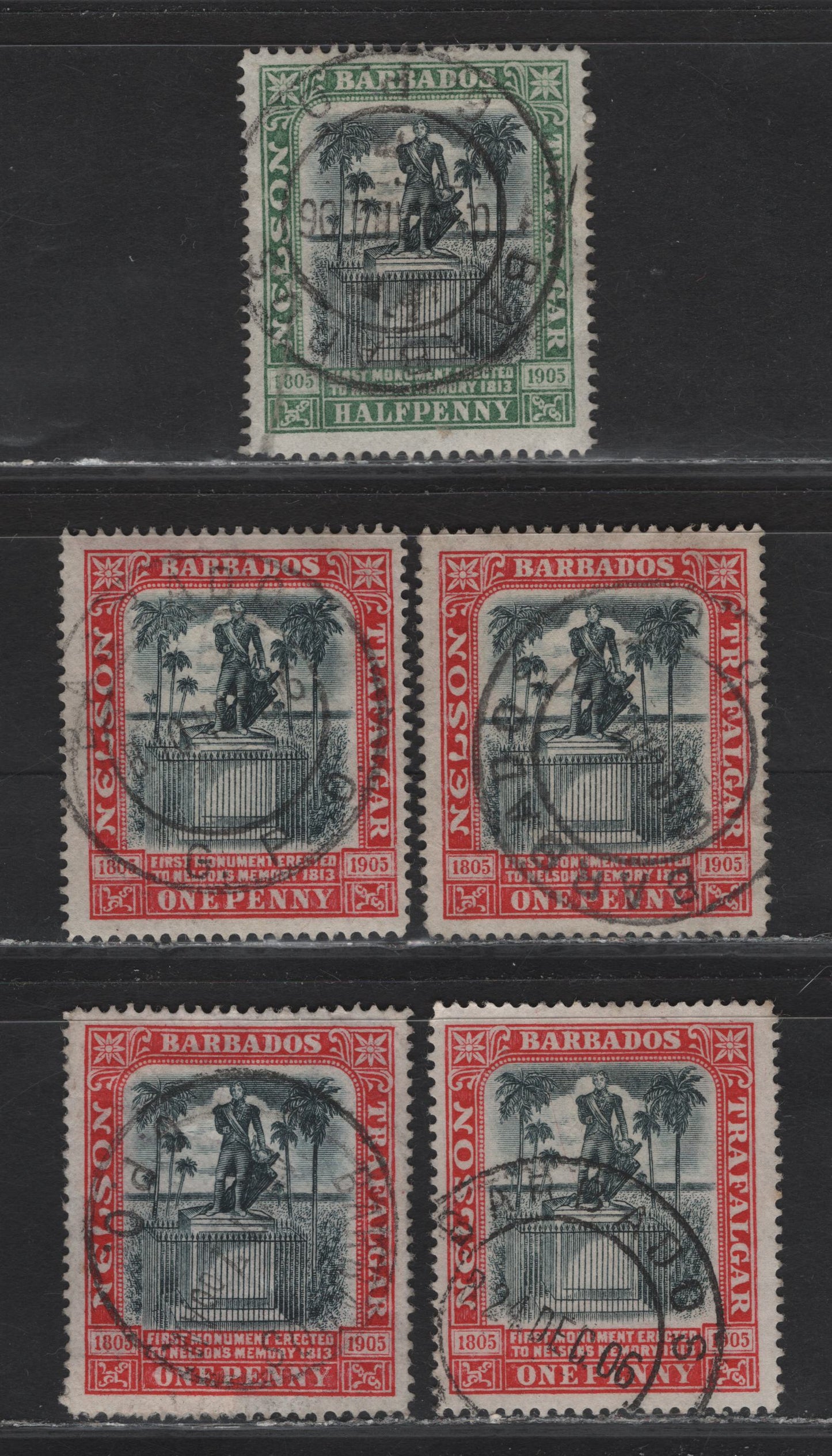 Lot 152 Barbados (C) SG# 1/2d - 1d Green & Black - Red & Black Nelson Centenary, 1906 Nelson Centenary Issue, 5 Fine/Very Fine Used Singles, SON Barbados GPO CDS Cancels, Crown CC Wmk, Thin Bluish White Paper.