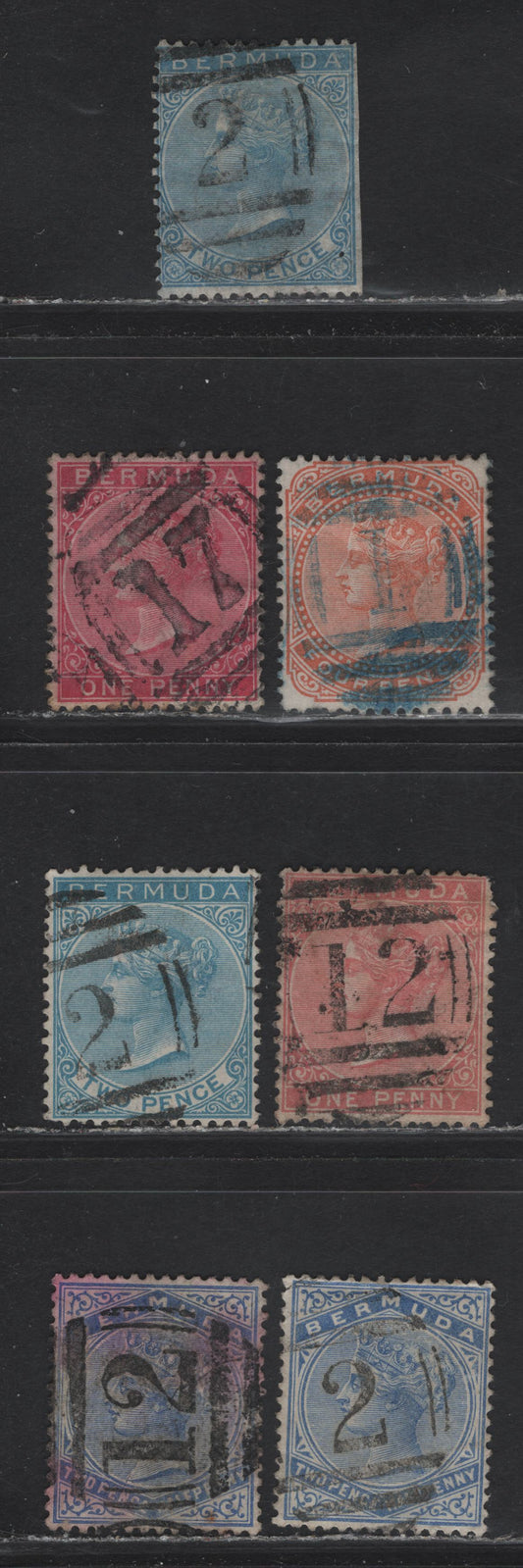 Lot 154 Bermuda (C) SG#3, 20, 22, 24a, 25, 27 , 1865-1904 Queen Victoria Keyplate Issues, 7 Very Good/Fine/Very Fine Used Singles, Barred Numeral Cancels #16, 14 & 23, Including #1 (St Geogo's), 2 (Hamilton), 12 (Harrington Sound) and 17 (Southampton)