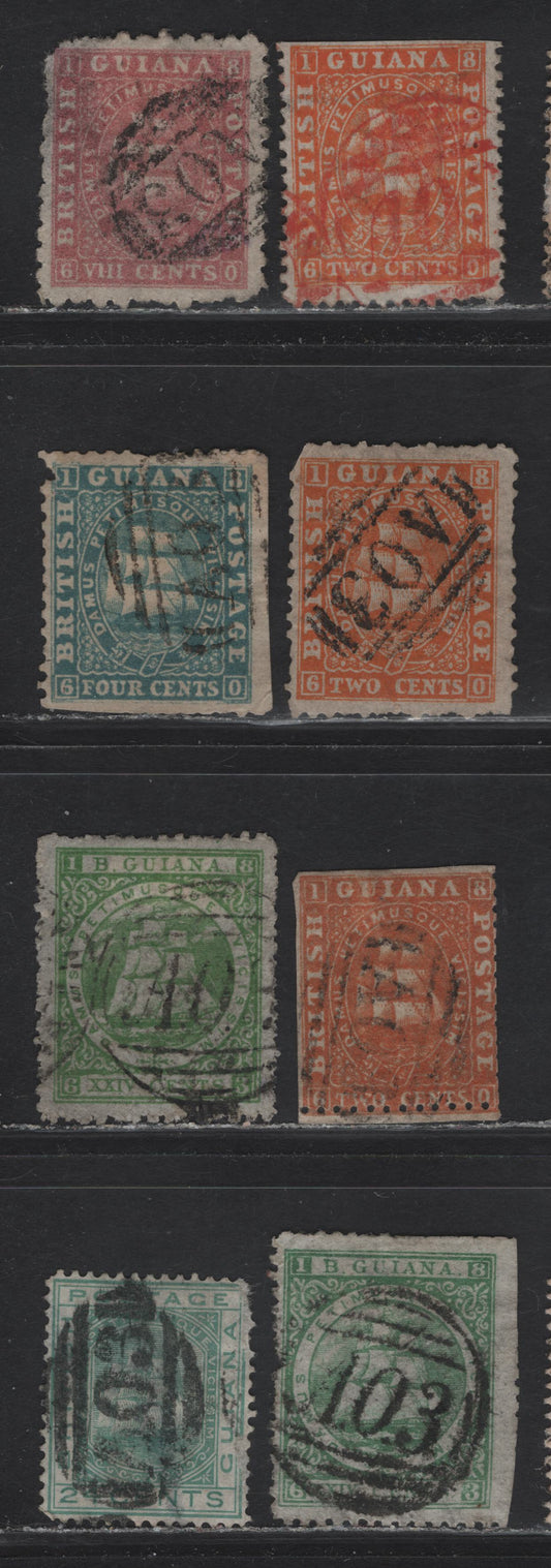 Lot 158 British Guiana (C)   1860-1876 Badge of the Colony Issue, 8 Ungraded Used Singles, Georgetown AO3 Barred Numeral Strike, Including #42, 52, 45, 95, 68, 80 And 132