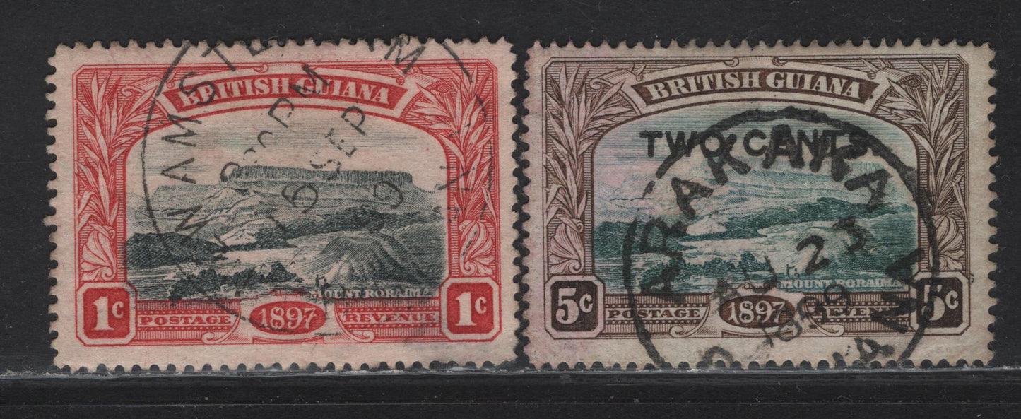 Lot 160 British Guiana (C) SG#216, 222, 1898-1899 Diamond Jubilee & Surcharged Issues, 2 Very Good/Fine Used Singles, Rare Arakaka & New Amseterdam CDS Cancels