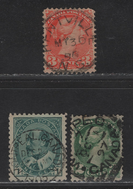 Lot 162 Canada #36i, 41, 89iii 2c - 1c Green - Blue Green Queen Victoria - King Edward VII, 1890-1911 Small Queen - King Edward VII Issues, 3 Fine/Very Fine Used Singles, Winnipeg Squared Circle, Montreal & Kentville NS SON Cancels