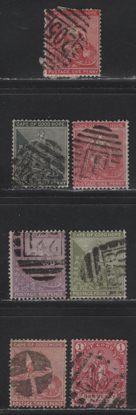 Lot 164 Cape of Good Hope (C) SG#29, 39a, 48a, 52b, 59, 49a, 65 , 1871-1898 Seated & Standing Hope Issues, 7 Very Good/Fine/Very Fine Used Singles, Cork & Barred Numeral Cancellations, Including #1, 221, 524, 678, 205 and 945