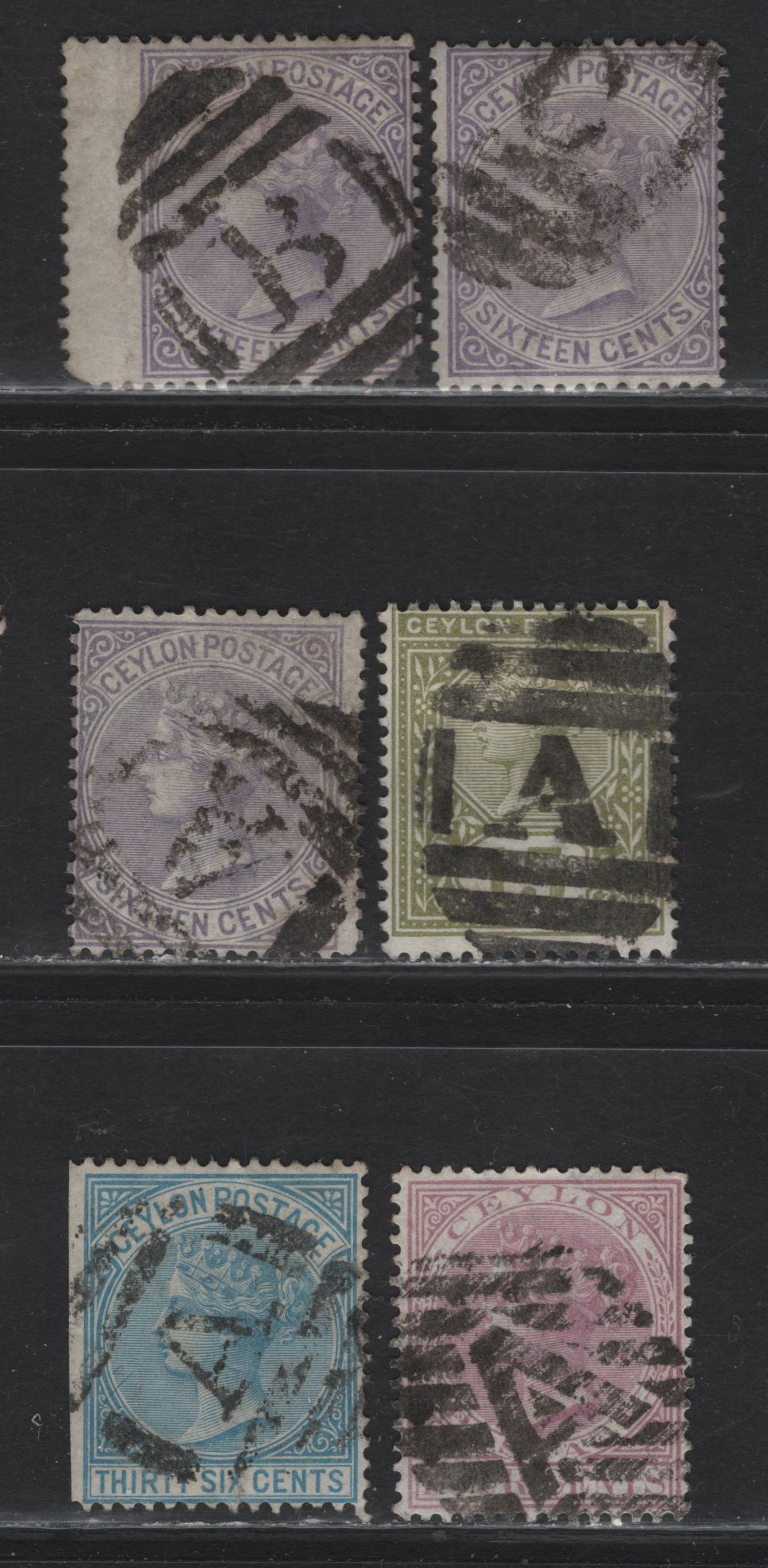 Lot 166 Ceylon (C) SG#123, 126, 129, 197, 1872-1886 Queen Victoria Keyplate Issues, 6 Very Good/Fine Used Singles, Galle & Colombo Barred Cancels, Crown CC & Crown CA Wmks