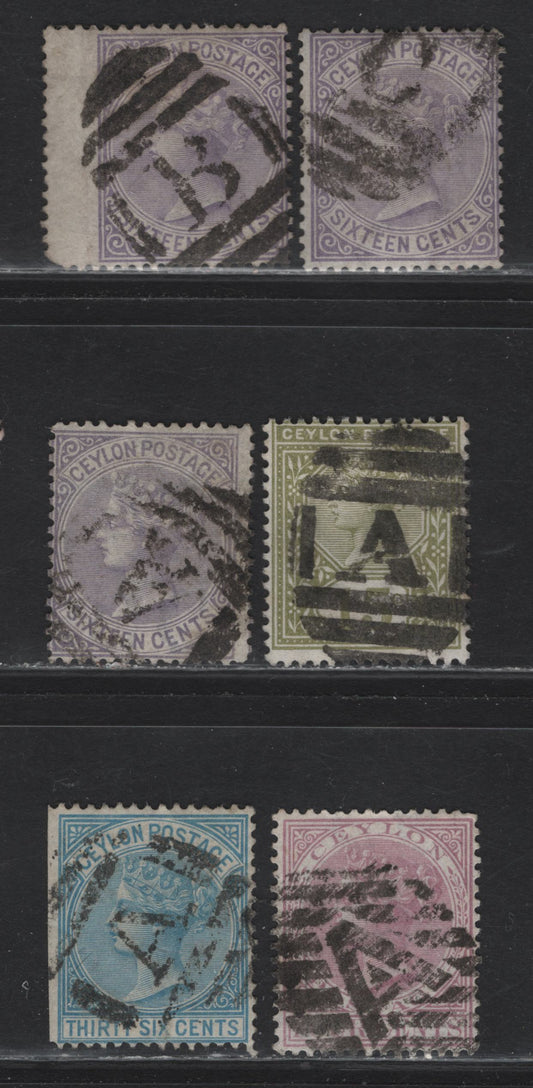 Lot 166 Ceylon (C) SG#123, 126, 129, 197, 1872-1886 Queen Victoria Keyplate Issues, 6 Very Good/Fine Used Singles, Galle & Colombo Barred Cancels, Crown CC & Crown CA Wmks