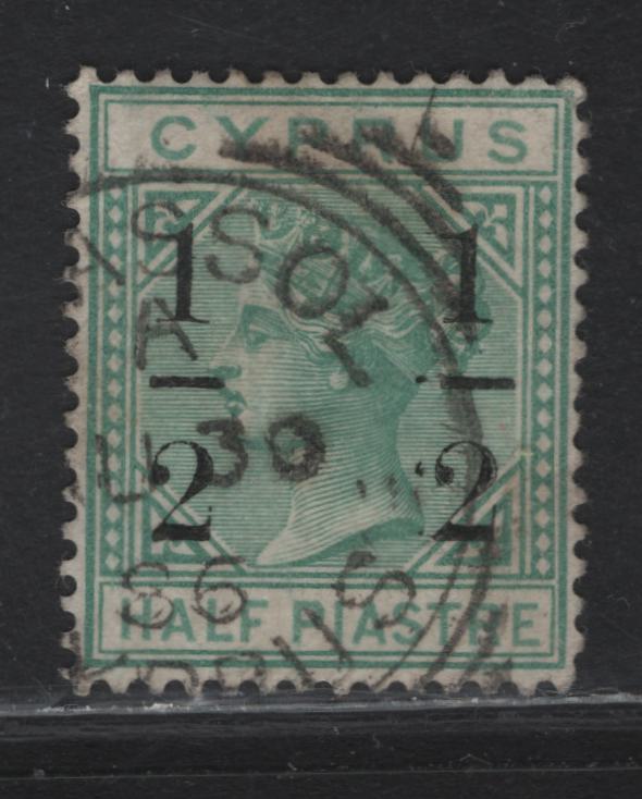 Lot 169 Cyprus (C) SG# 1/2 on 1/2pi Emerald Green Queen Victoria, 1886 Surcharge Issue, A Very Fine Used Single, August 30 1886 Limassol Squared Circle Cancel, Fractions 8mm Apart, Crown CA Wmk.