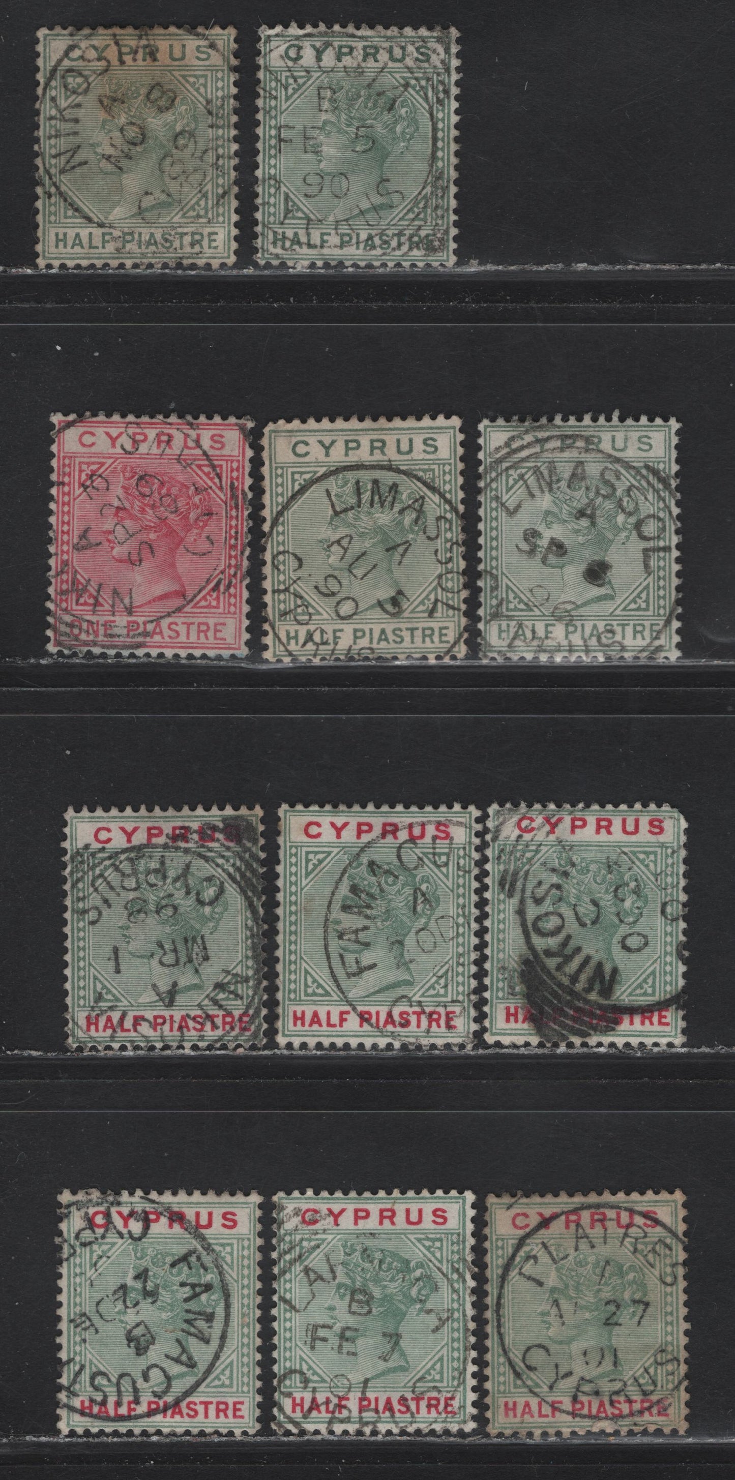 Lot 170 Cyprus (C) SG#1, 16a,18, 31, 40, 1882-1894 Queen Victoria Keyplate Issues, 11 Fine/Very Fine Used Singles, SON CDS & Squared Circle Town Cancels, Towns Include Famagusta, Nikosia, Limassol, Larnica & Platres