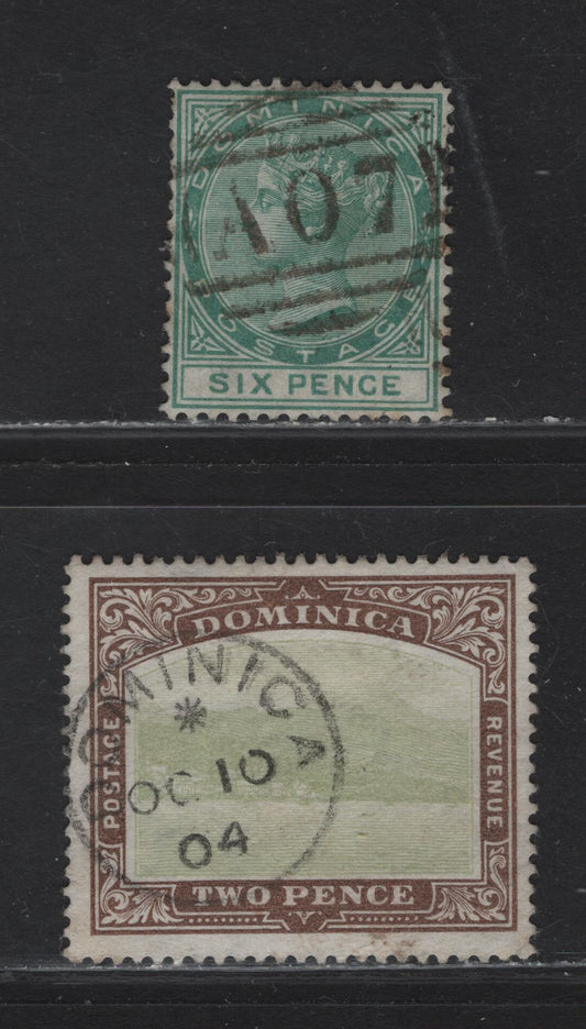 Lot 172 Dominica SG#8, 29 6d - 2d Green - Yellow Green & Brown Queen Victoria - Rousseau Views, 1877-1907 Queen Victoria - Rousseau Views Issues, 2 Fine/Very Fine Used Singles, AO7 Roseau Barred Numeral Cancel, SON Oct. 10 1904 Dominca CDS