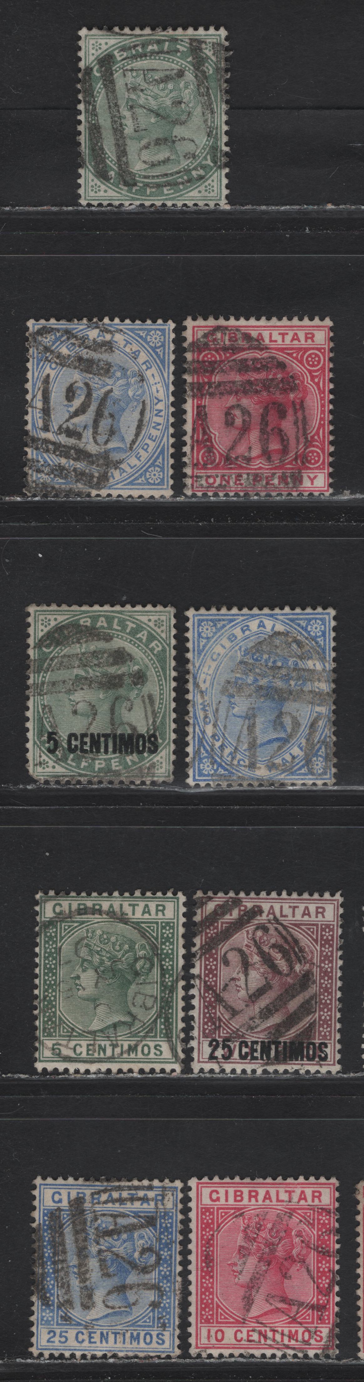 Lot 176 Gibraltar (C) SG#8, 15a, 17, 22, 23, 26, 40, 42, 1886-1896 Queen Victoira Keyplate Issues, 9 Fine/Very Fine Used Singles, AZ6 Barred Numeral & Gibraltar CDS Cancels, 5c Surcharge Has The Shorter Foot, But Also A Rounded Corner