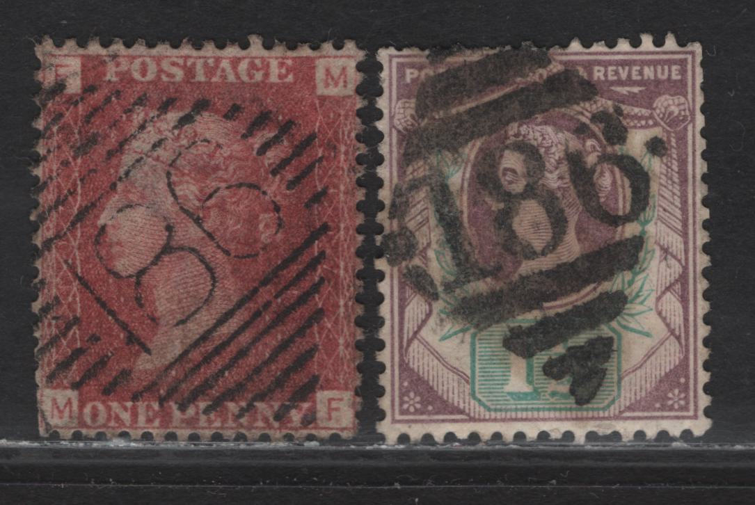 Lot 180 Great Britain  (C) SG#43 & 198 1d - 1.5d Red - Green & Dull Purple Queen Victoria, 1864-1900 Line Engraved & Jubilee Issues, 2 Very Good Used Singles, Dublin Diamond Barred Numeral Cancels