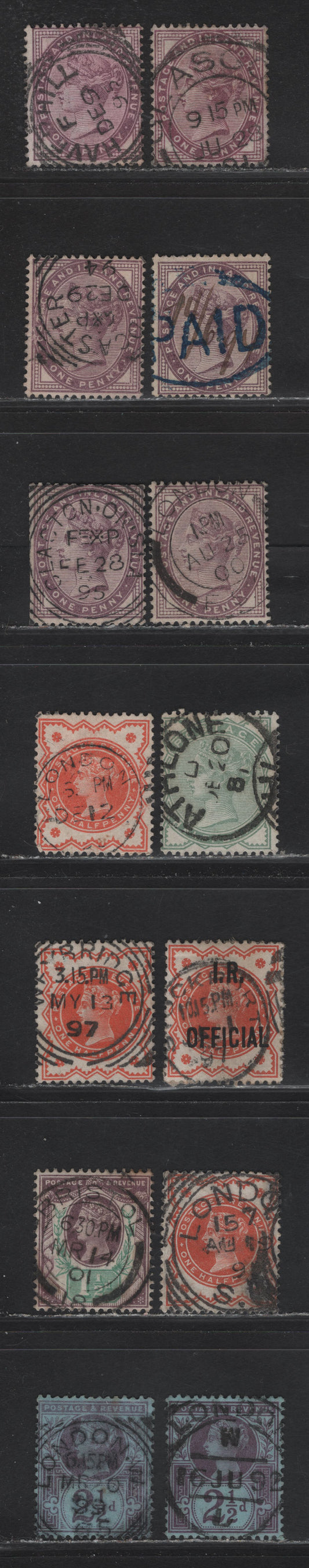 Lot 182 Great Britain (C)   1887 Jubilee Issues, 14 Fine/Very Fine Used Singles, Paid, CDS & Squared Circle Cancels, Includes Bristol, Clacton on Sea, Brockport, Weybridge, Athlone & Haverhill