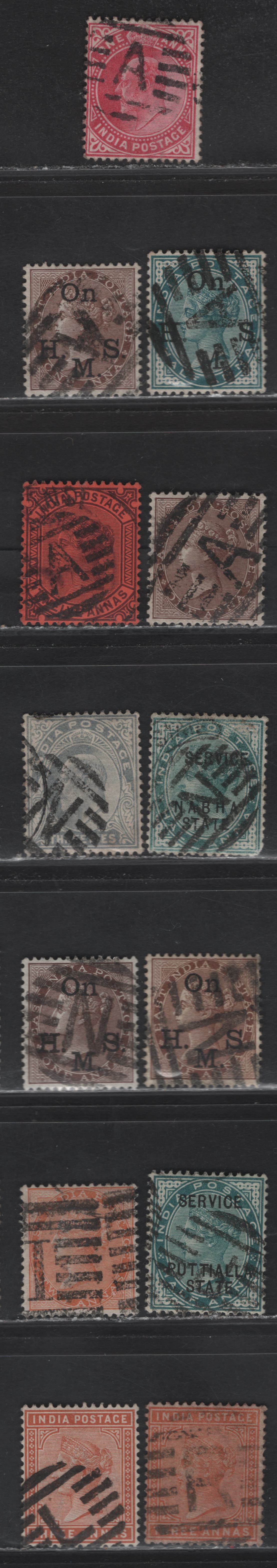 Lot 196 India (C)  India Postal Circle Grid Cancels On, 1865-1868,1882-1900 Queen Victoria Surface Printed & 1902-1911 Edward VII Issues, 13 F & VF Used Singles Includes Lahore, Indore, Railway Punjab, North Western Provinces(Allahabad) & Nagpur