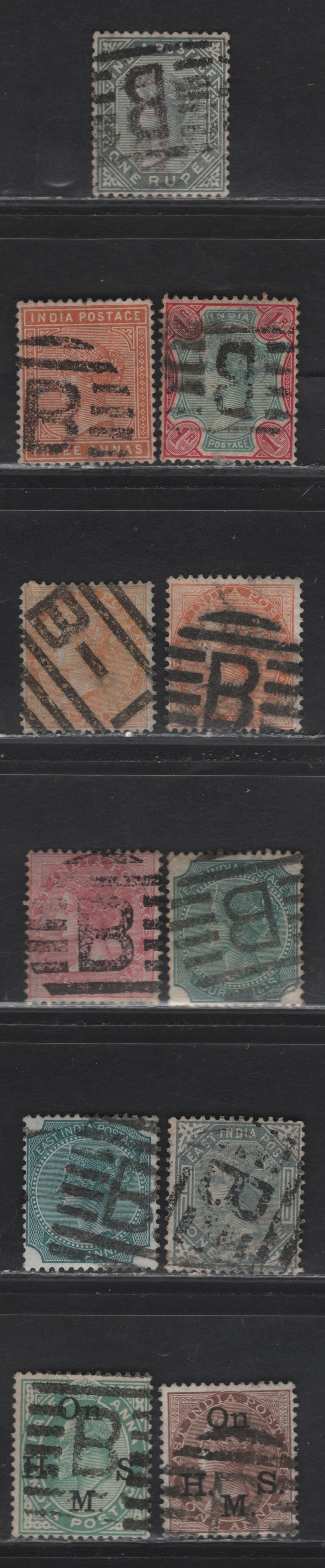 Lot 197 India (C)  Selection Of Bomay Circle Square & Oval Grid Cancels On, 1865-1868,1882-1900 Queen Victoria Surface Printed & 1902-1910 Edward VII Issues, 11 F & VF Used Singles Includes SG#61, 62, 69, 71, 74, 79, O23, O56, 94, 101, 106