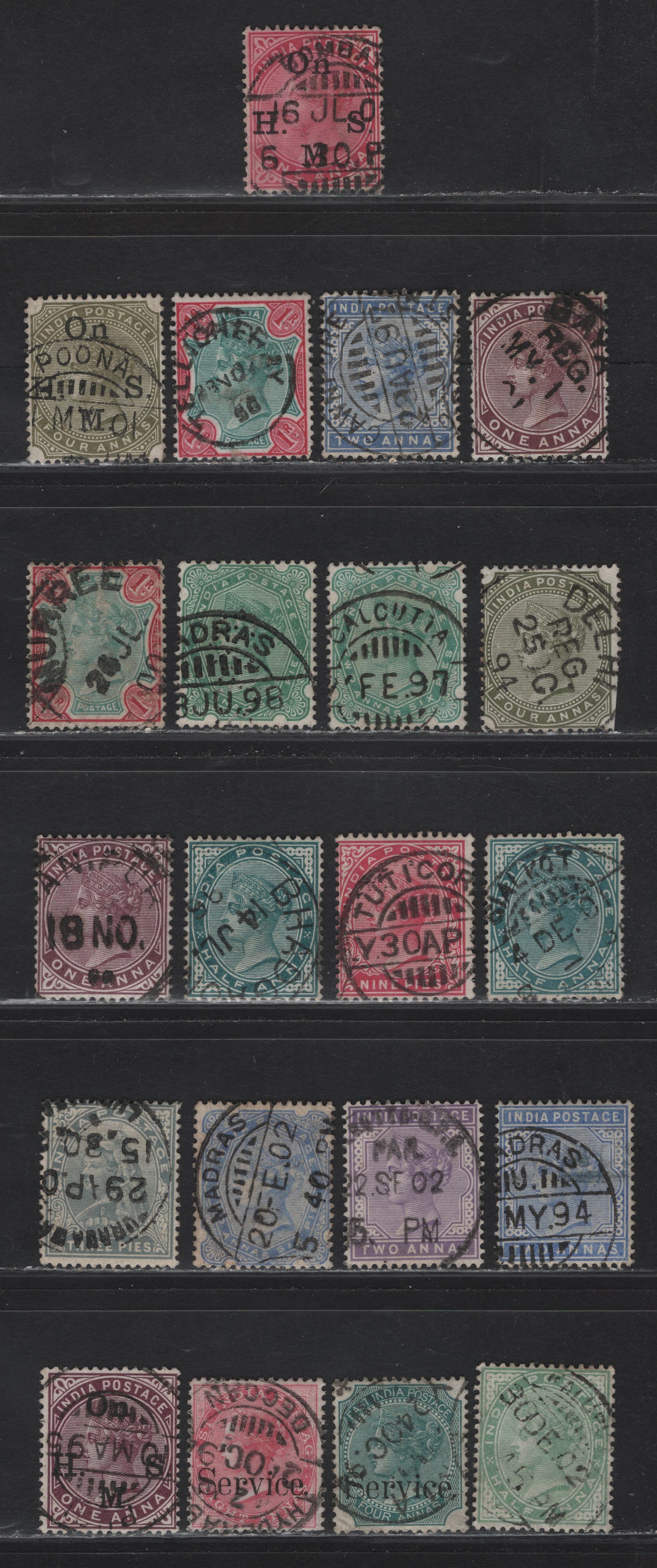 Lot 199 India (C)  Selection Of Dated CDS Town Cancels On, 1865-1868,1882-1900 Queen Victoria Surface Printed Issues, 21 F&VF Used Singles Incl. Delhi, Hyderabad, Cawnpore, Gaya, Muree(1r), Tellicherry(1r), Poona, Anipur, Sialkot, Bhadean, Tuticorin