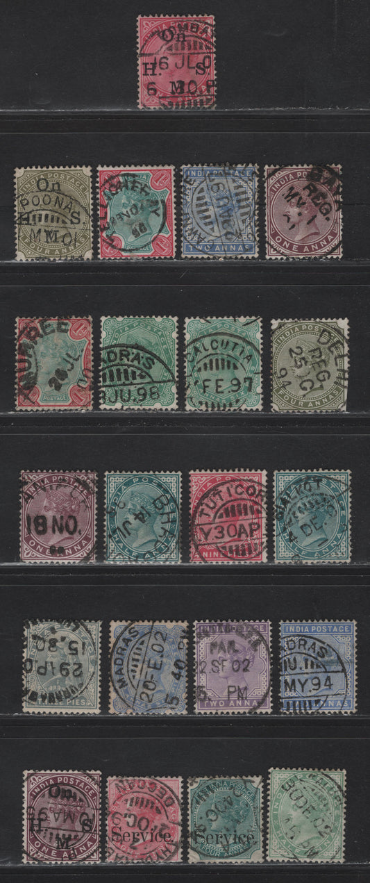 Lot 199 India (C)  Selection Of Dated CDS Town Cancels On, 1865-1868,1882-1900 Queen Victoria Surface Printed Issues, 21 F&VF Used Singles Incl. Delhi, Hyderabad, Cawnpore, Gaya, Muree(1r), Tellicherry(1r), Poona, Anipur, Sialkot, Bhadean, Tuticorin
