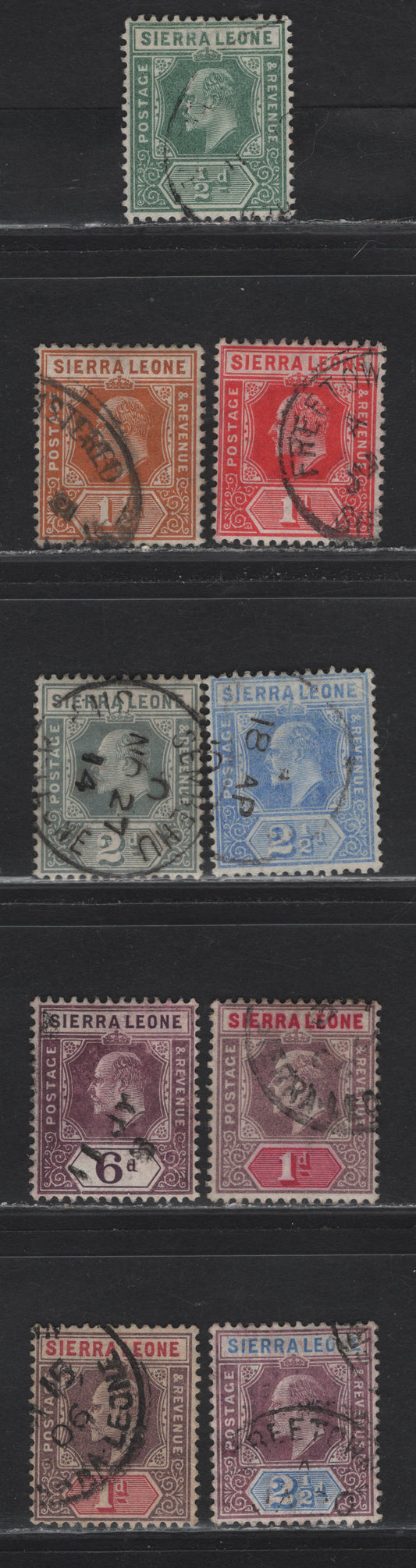 Lot 20 Sierra Leone (C) SG#74, 87, 90, 94, 99, 100a, 101-103 1d - 2.5d Dull Purple & Rosine - Blue King Edward VII, 1904-1913 King Edward VII Imperium Keyplates Issue, 9 Very Good/Fine/Very Fine Used Singles, Crown CA & Multiple Crown CA Wmk