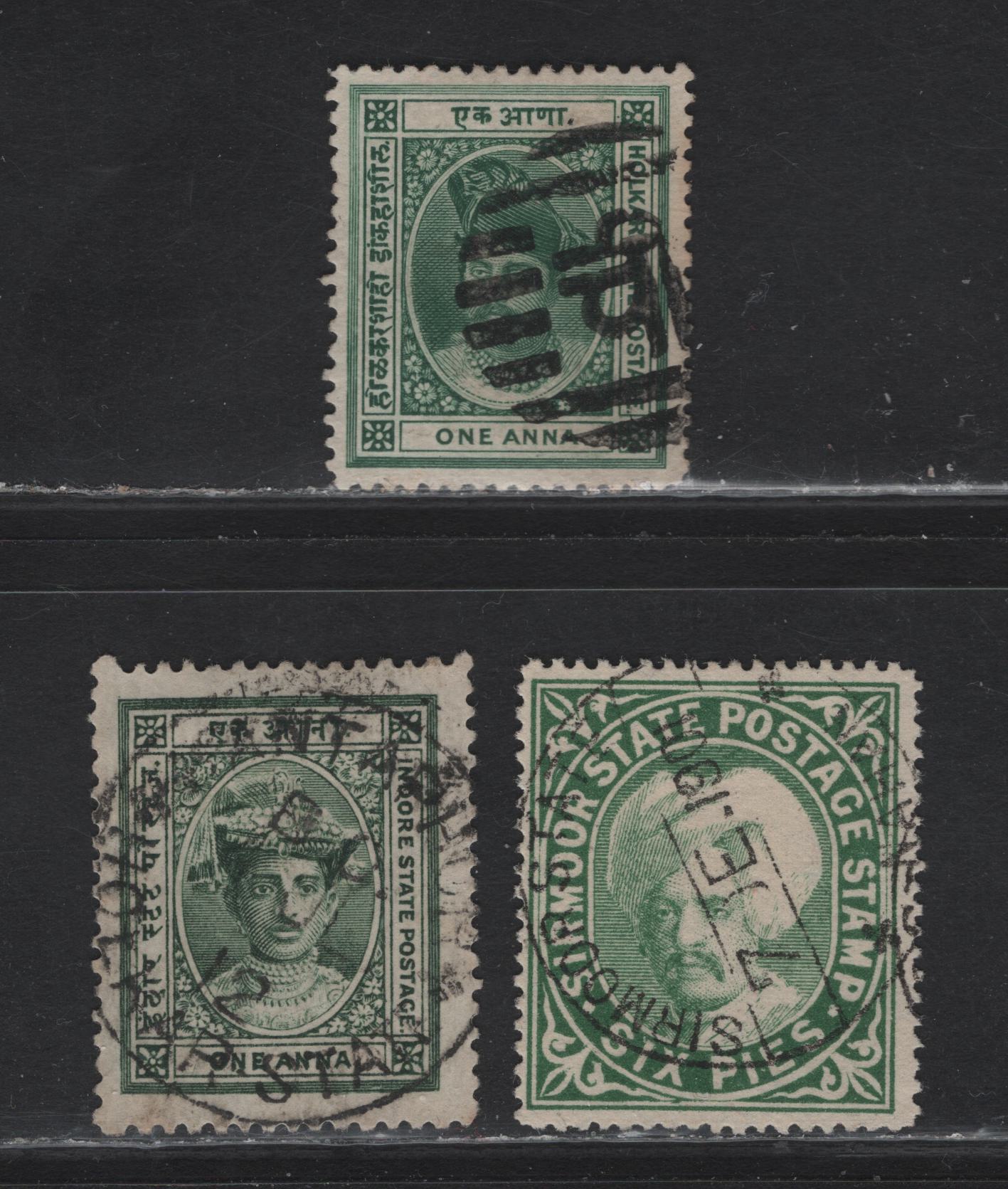 Lot 201 India, Holker, Indore & Sormoor (C) SG#7, 11, 7a, 1890's-1920's Issues, 3 VF Used Singles With SON Cancels, You Almost Never See SON On These