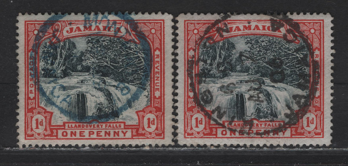Jamaica (C)  1d Slate Black & Red, 1900 Llandovery Falls Issue, 2 VF Used Singles On Both White And Bluish Paper Having A 50XL Kingston CDS Dated Aug.7, 1906 & Bluish Paper W/ Blue Montego Bay CDS