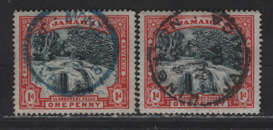 Jamaica (C)  1d Slate Black & Red, 1900 Llandovery Falls Issue, 2 VF Used Singles On Both White And Bluish Paper Having A 50XL Kingston CDS Dated Aug.7, 1906 & Bluish Paper W/ Blue Montego Bay CDS